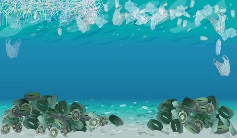 Template with different kinds of garbage, bags, wastes, plastic straws and pl Stock Illustration