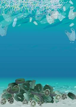 Template with different kinds of garbage, bags, wastes, plastic straws and  p Stock Illustration