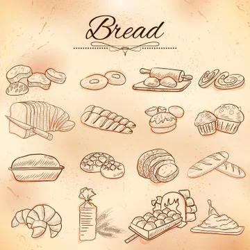 Template of different types of Bread and Loafs for menu background design of  Stock Illustration