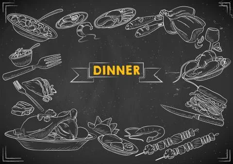 Template of different types of Dinner item for menu background design of Hote Stock Illustration