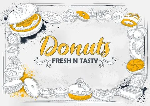 Template of different types of Donut for menu background design of Hotel or r Stock Illustration
