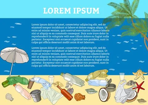 Template with different types of garbage and waste on the beach Stock-Illustration