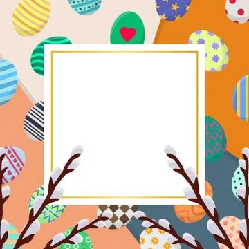 Template of Easter Card with Colorful Eggs on Overlap Background. Vector. イラスト素材