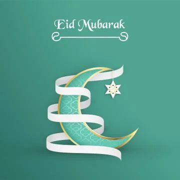 Template for Eid Mubarak with green and gold color tone. 3D Vector illustrati Stock Illustration