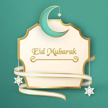 Template for Eid Mubarak with green and gold color tone. 3D Vector illustrati Stock Illustration