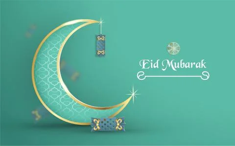 Template for Eid Mubarak with green and gold color tone. 3D Vector illustrati Stock Illustration