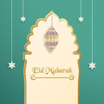 Template for Eid Mubarak with green and gold color tone. 3D Vector illustrati Stock Illustration