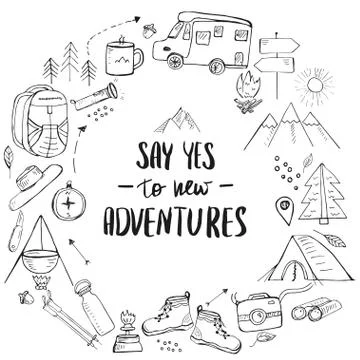 Template with elements related to hiking, camping and travelling Stockillustratie