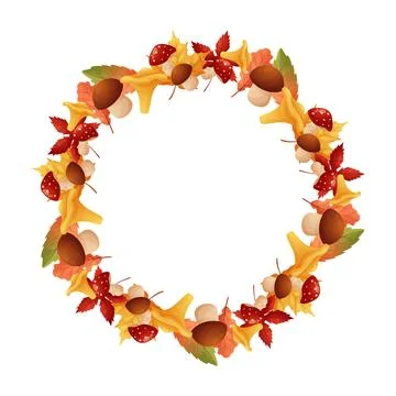 Template, empty fall frame. Leaves and mushrooms. On white background isolate Stock Illustration