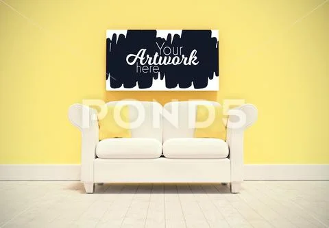 Template of empty sofa and picture frame in home PSD Template