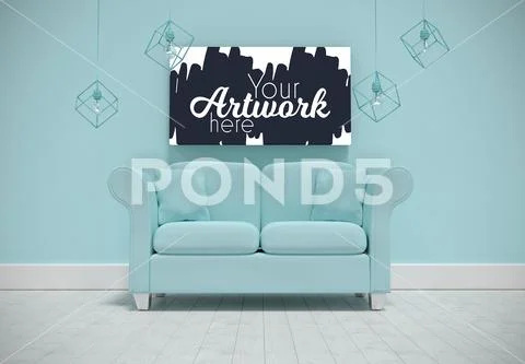 Template of empty sofa and picture frame in home PSD Template