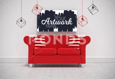 Template of empty sofa and picture frame in home PSD Template