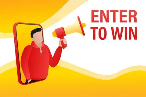 Template with enter to win man holding megaphone on white background for flyer Stock Illustration
