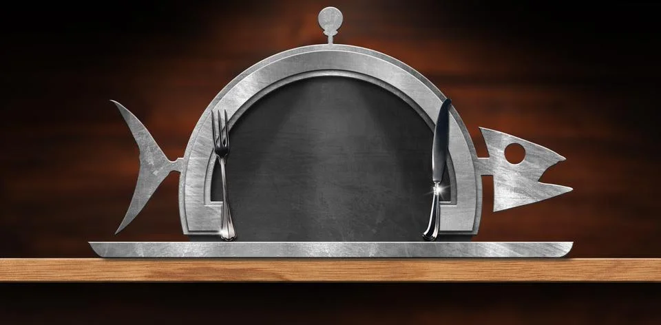 Template for a Fish Menu - Empty Blackboard on a Wooden Table Stock Photos