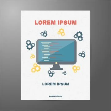 Template with flat computer for flyers or booklets Stock Illustration