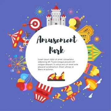 Template for flyer or poster design with amusement park objects. Stock Illustration