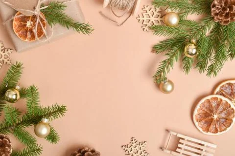 The template is a frame on a beige background with various natural decoration Stock Photos