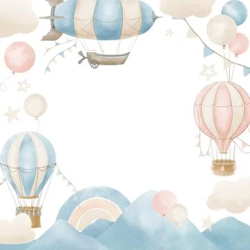 Template for Frame with hot air Balloons, clouds and rainbow. Hand drawn Stock Illustration