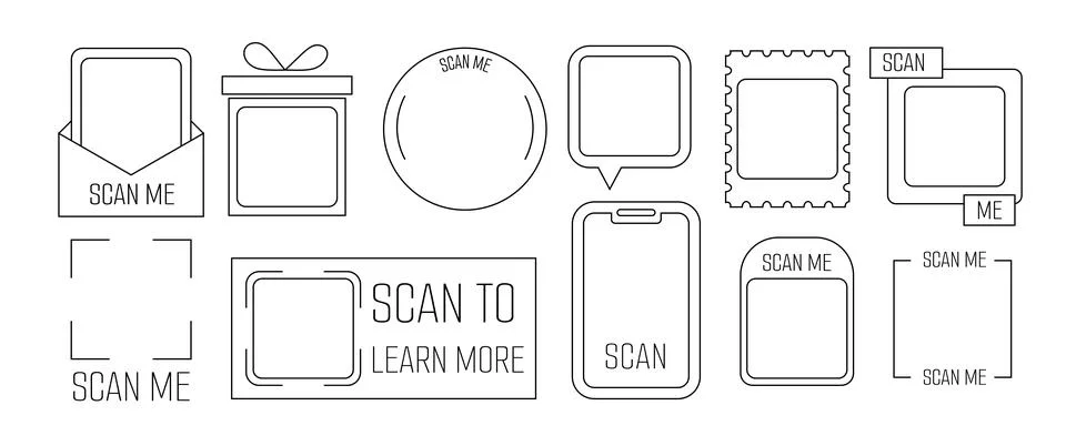 Template of frames various shapes for QR code Scan me, vector viewfinder sticker Stock Illustration