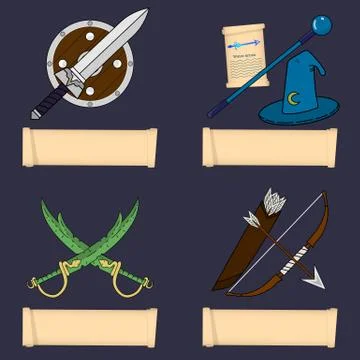 Template of Game Character, Class. Warrior, Wizard, Rogue, Ranger. Vector. Stock Illustration