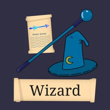 Template of Game Character, Class. Wizard Class. Attributes of wizard. Vector. Stock Illustration