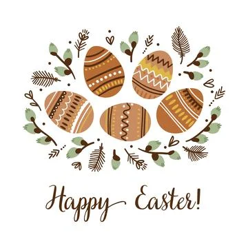 Template for a greeting card for Easter. Decorated eggs with willow branches. Stock Illustration