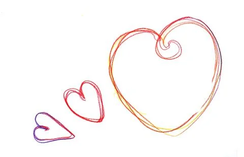 Template of hand drawn colored pencil hearts colored in a row on a white Stock Illustration