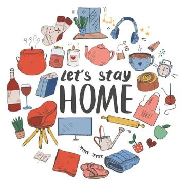 Template with hand drawn doodle style home related objects. Cozy and comfortable Stock Illustration