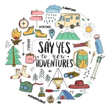 Template with hand drawn elements related to hiking, camping and travelling Illustrazione stock