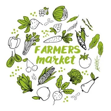 Template with hand drawn vegetables arranged into circle Stock Illustration