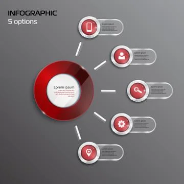 Template Infographic. 5 options. red Illustrazione stock