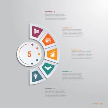 Template infographic 5 positions for text area. diagram with multicolored ele Illustrazione stock