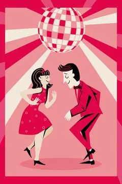 Template for invitation, banner, poster. Loving couple dancing at a party. Retro Stock Illustration