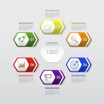 Template ?ircle chart infographic template with 6 options for presentations,  Stock Illustration