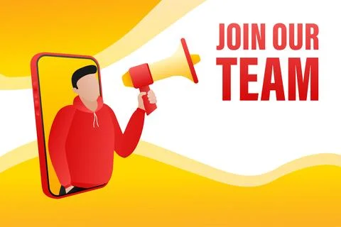 Template with join our team man holding megaphone on white background for flyer Stock Illustration