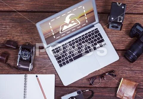 Template of laptop with cameras on table in studio PSD Template