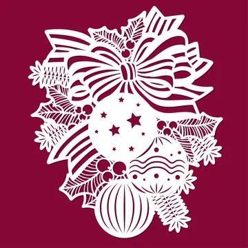 Template for laser cutting of any materials. Christmas tree branch with toys. Stock Illustration