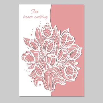 Template for laser cutting. Postcard with a bouquet of tulips. Vector Stock Illustration