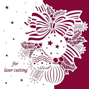Template for laser cutting. Postcard layout with Christmas balls. Vector Stock Illustration