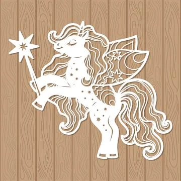 Template for laser cutting. Unicorn with magic wand. Vector Stock Illustration