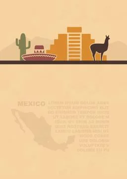 Template leaflets with a map and symbols of the Mexico and place for text on Stock Illustration