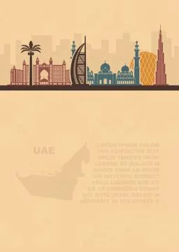 Template leaflets with a map of the UAE and Dubai attractions Stock Illustration