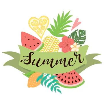 Template logo for summer time Ribbon decorated tropical set of fruit Vector b Illustrazione stock