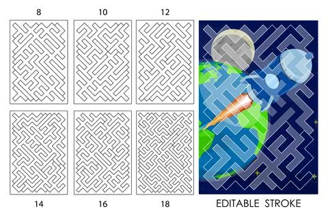 Template of maze puzzle pieces of different difficulty levels for laser cutti Stock Illustration