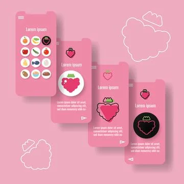 Template mobile app page with raspberry fruit. Food outline icon vector Illustrazione stock