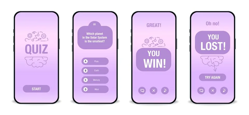 The template of the mobile application interface for the quiz on a purple bac Stock Illustration