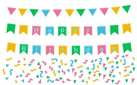 Template with multicolored flags, confetti, birthday greetings Stock Illustration