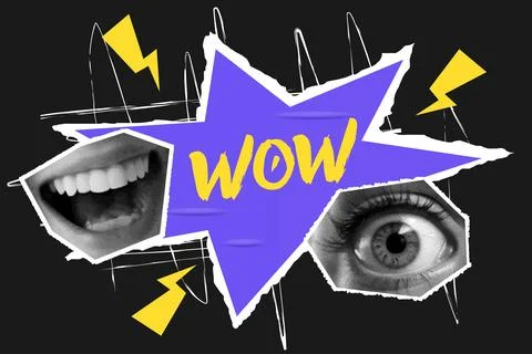 Template for pop collage. Eye and mouth, inscription wow. Vector Stock Illustration