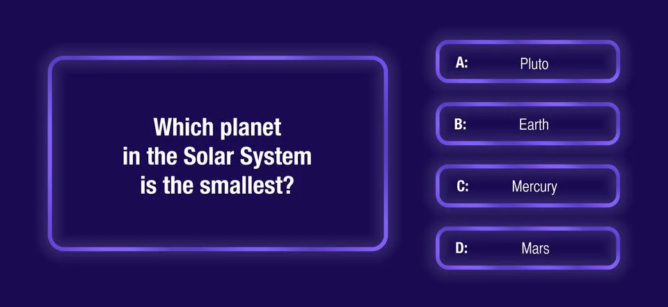 A template of questions and answer options for a quiz on a dark blue neon bac Stock Illustration
