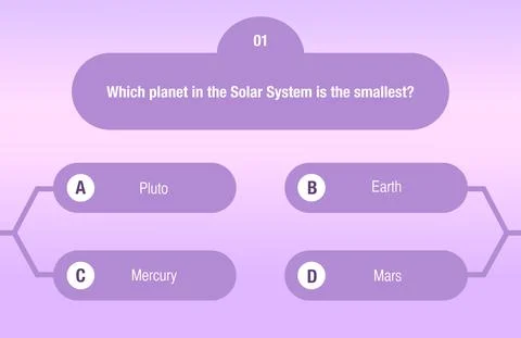 A template of questions and answer options for a quiz on a purple background. Stock Illustration